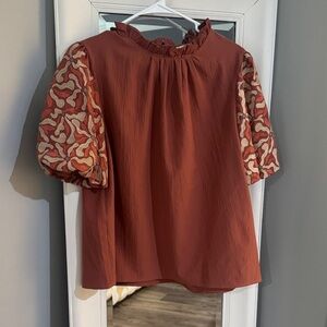 Rust color Entro Brand Embroidered Puff Sleeve Women's Top